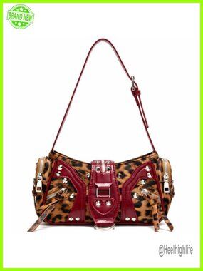 Leopard Print Fabric Leather Trim Shoulder Bag Y2K Cheetah Purse Handbag
